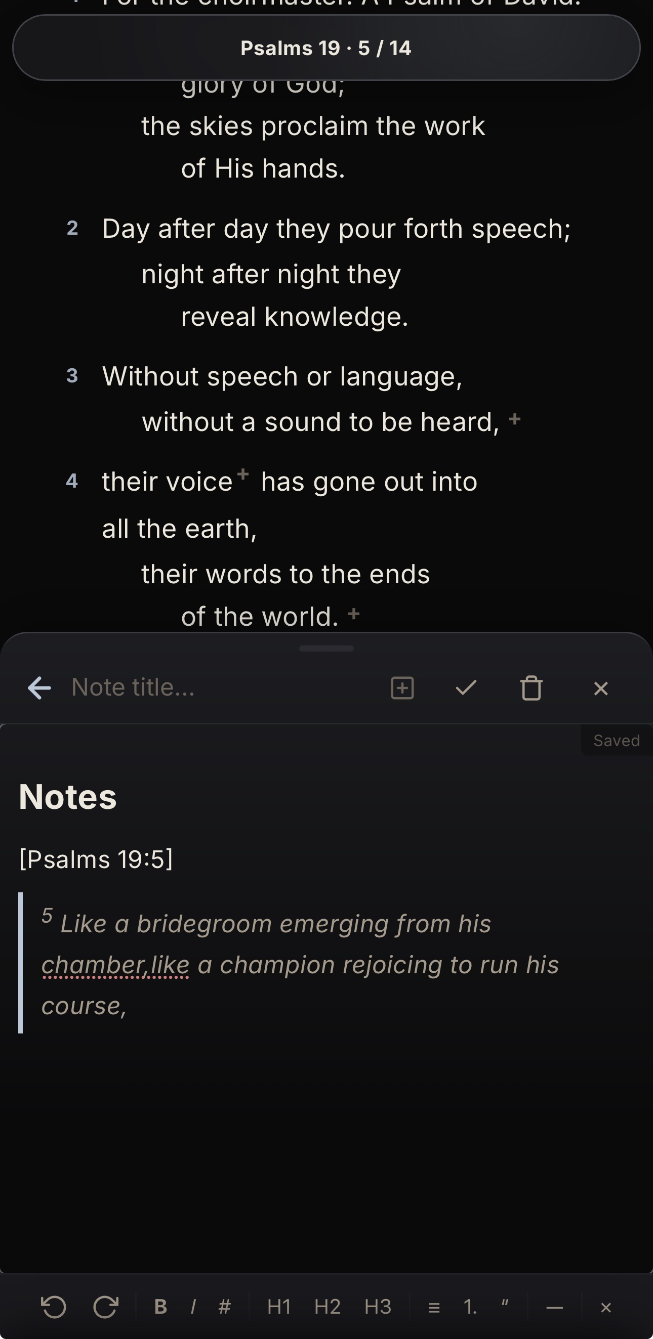 Focused Word Notes and Bookmarks Drawer
